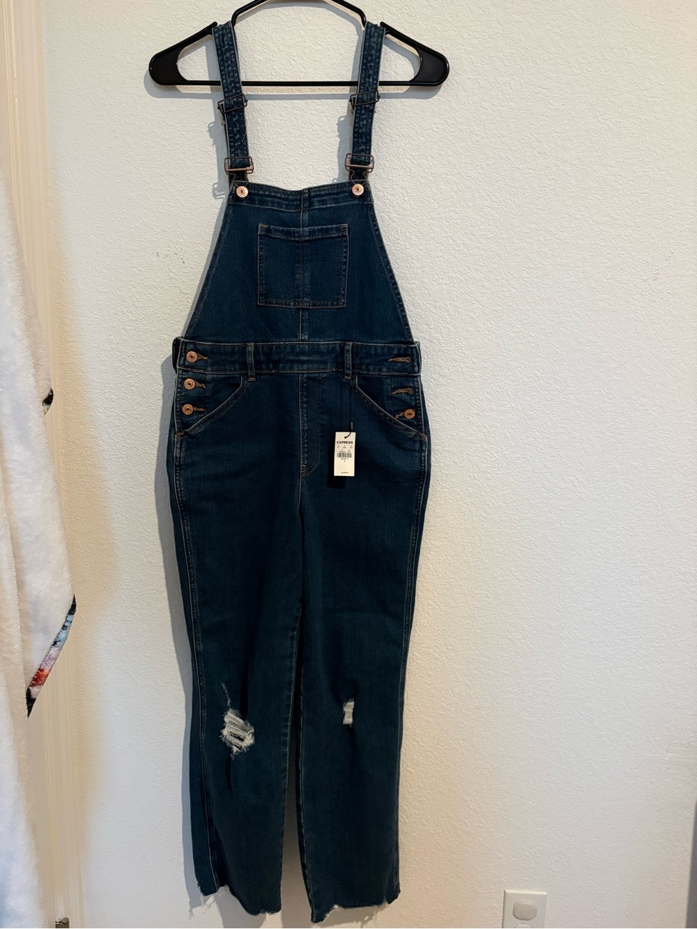 EXPRESS Women’s Dark Wash Denim Overalls with Distressed Knees